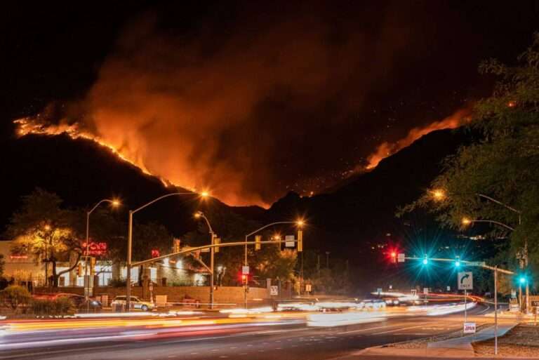 An empty road at night with wildfires in the background, showing a disaster.