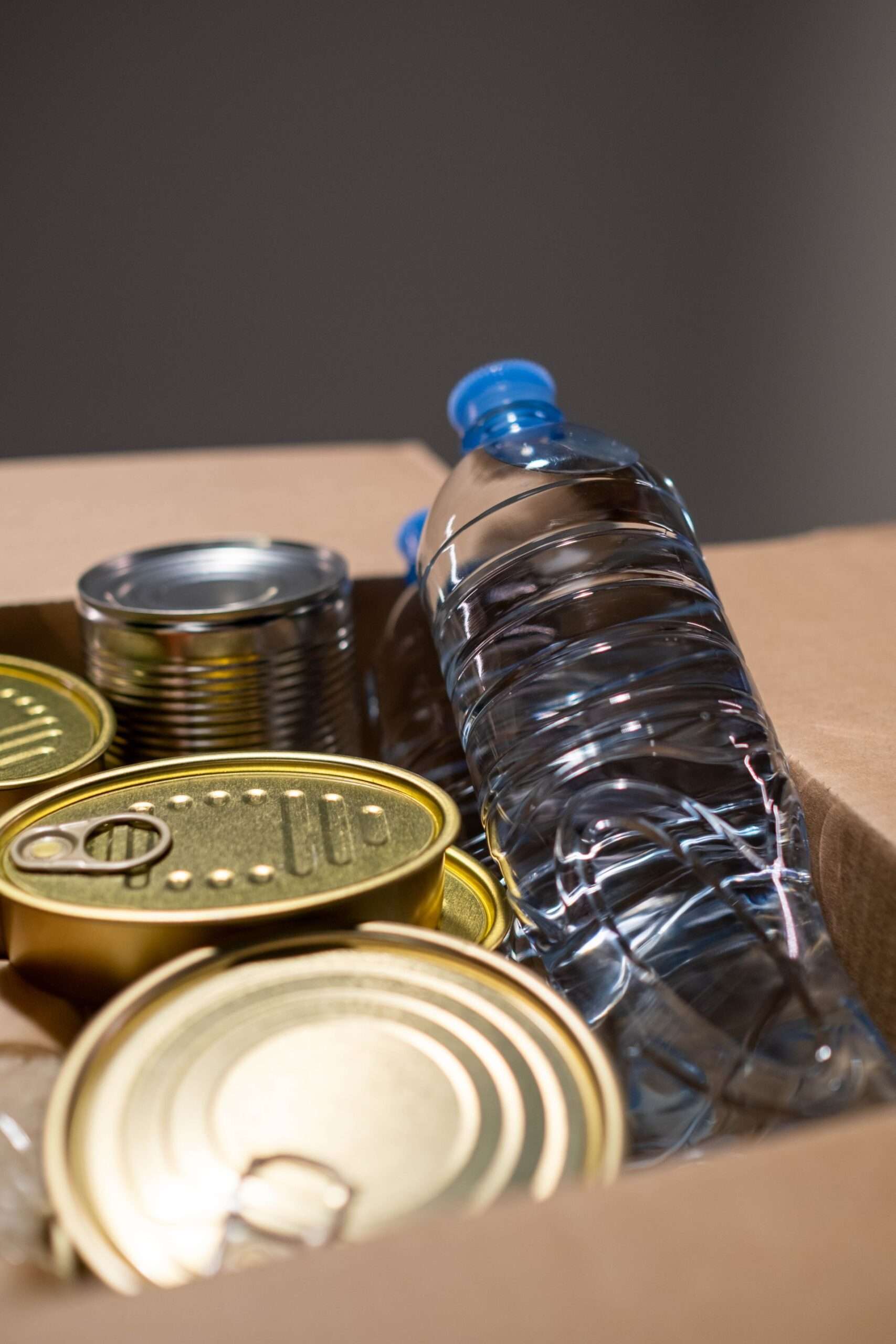 A cardboard box of bottled water and canned goods.